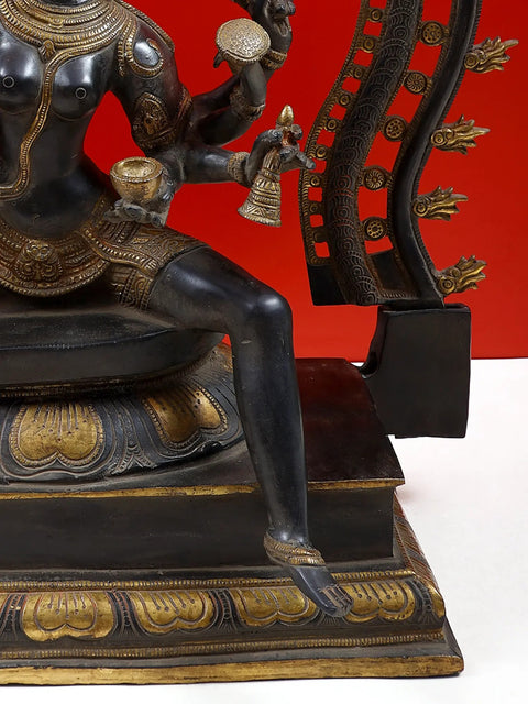 26" The Invincible Kali, Seated Under A Flaming Prabhavali In Brass