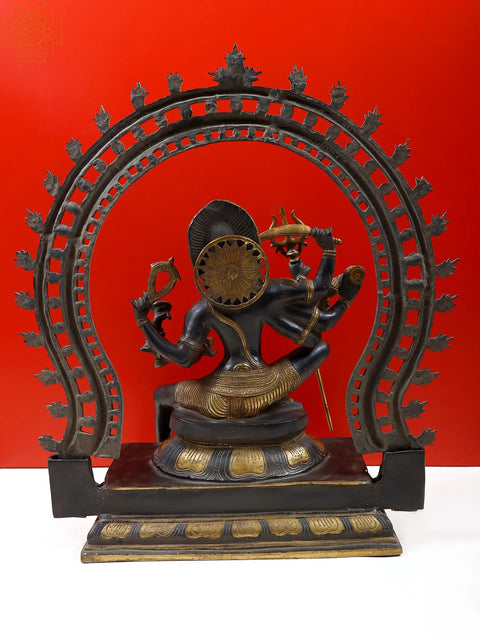 26" The Invincible Kali, Seated Under A Flaming Prabhavali In Brass