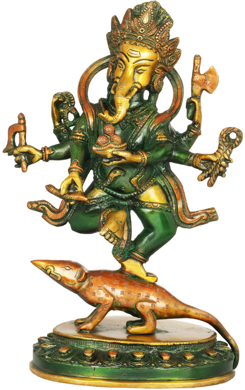11" Six Armed Ganesha Dancing on His Vehicle In Brass | Handmade | Made In India