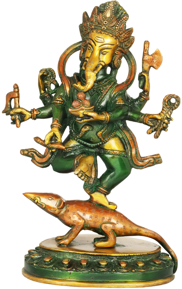 11" Six Armed Dancing Ganesha Brass Statue with Vehicle