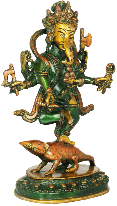 11" Six Armed Ganesha Dancing on His Vehicle In Brass | Handmade | Made In India