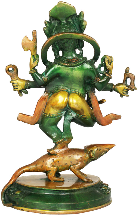 11" Six Armed Ganesha Dancing on His Vehicle In Brass | Handmade | Made In India