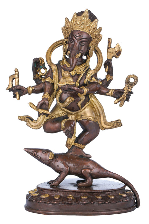 11" Six Armed Ganesha Dancing on His Vehicle In Brass | Handmade | Made In India