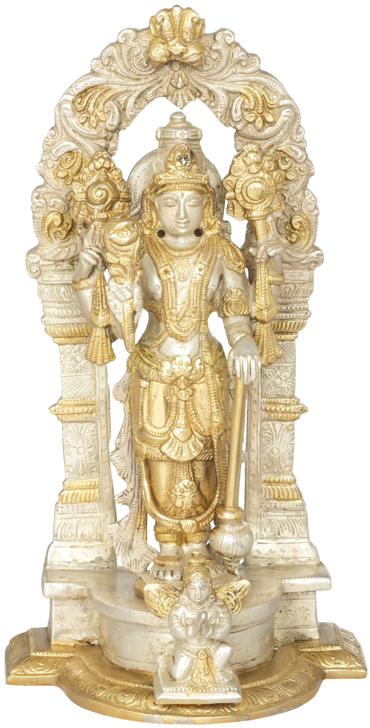 9" Brass Lord Vishnu Idol Standing on Garuda Pedestal