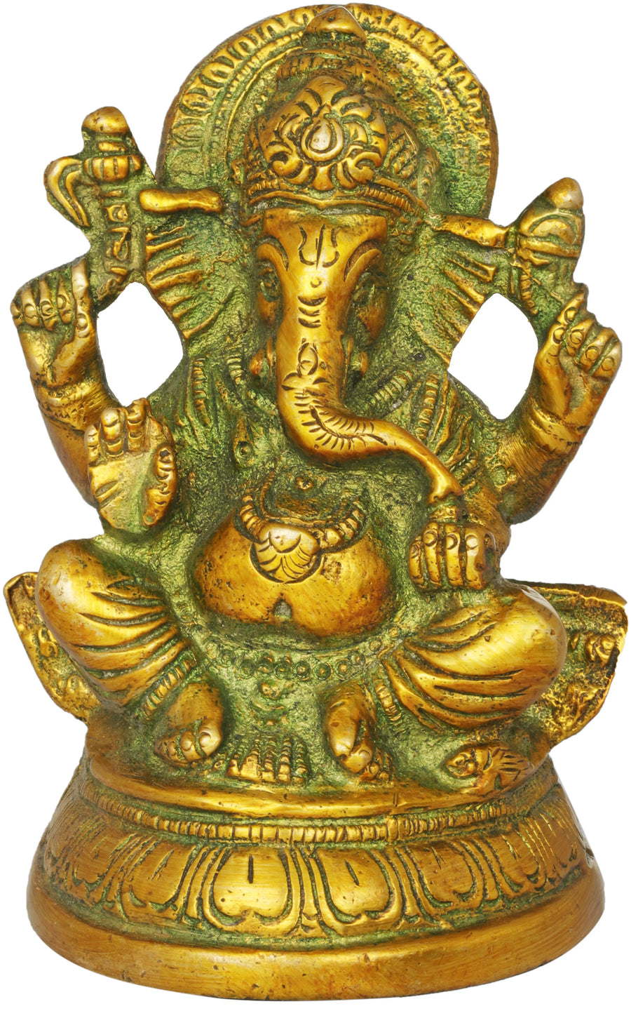 3" Four-Armed Ganesha Seated on Lotus Handmade Brass Idol