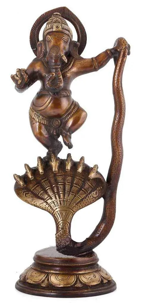 12" Dancing Lord Ganesha on Sheshnag Brass Handmade Statue
