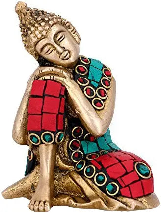4" Pensive Buddha Brass Statue with Colorful Inlay Robes Handmade