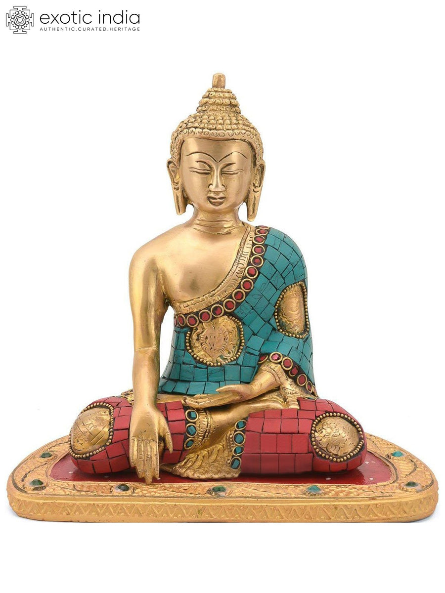 8" Shakyamuni Buddha Brass Statue with Ashtamangala Symbols Handmade