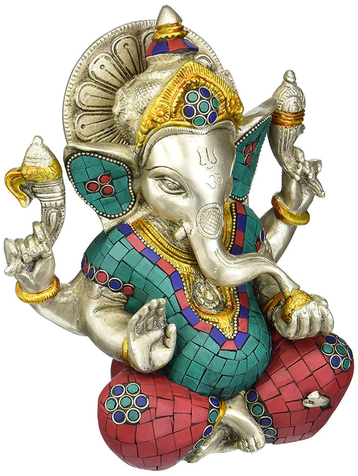 8" Seated Ganesha Brass Statue with Inlay Work Handmade