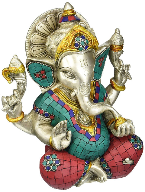 8" Seated Ganesha, The Silver Of His Halo In Striking Contrast To The Richly Hues Of The Inlay In Brass | Handmade | Made In India