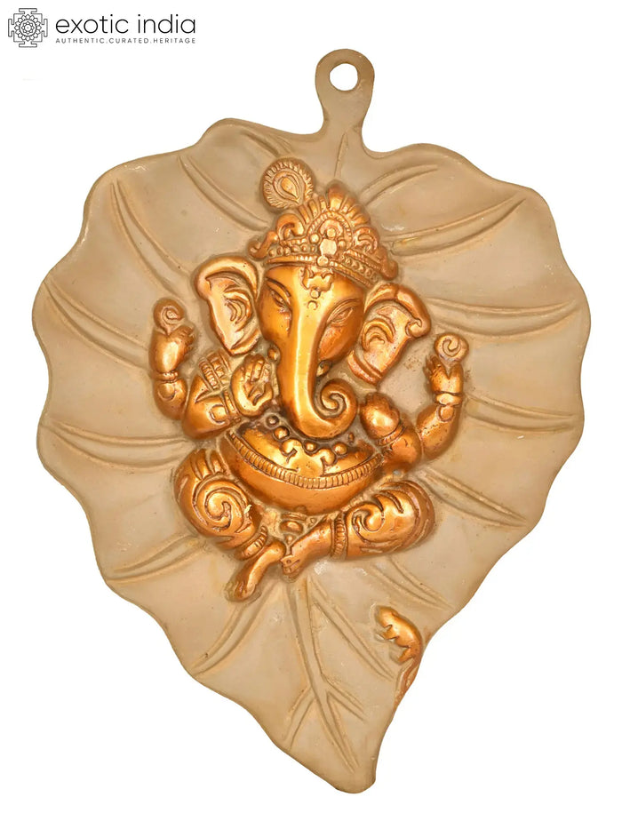 8" Pipal Leaf Ganesha Brass Wall Hanging Statue Handmade