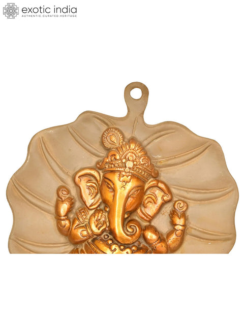8" Pipal Leaf with Central Ganesha Motif Wall-hanging Brass Statue | Handmade | Made in India