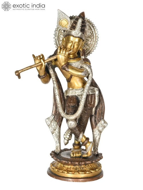 11" Handmade Brass Krishna Statue for Home Decor