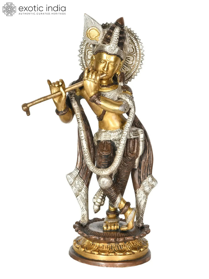 11" Handmade Brass Krishna Statue for Home Decor