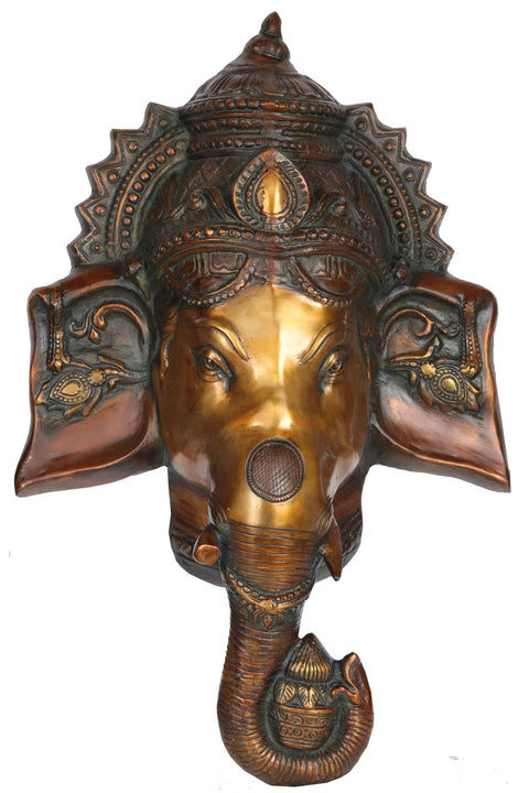 25" Brass Crowned Ganesha Face-Mask Wall-Hanging | Indian Crafted Idol