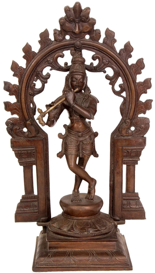 13" Murali Krishna Brass Statue with Floral Aureole and Kirtimukha
