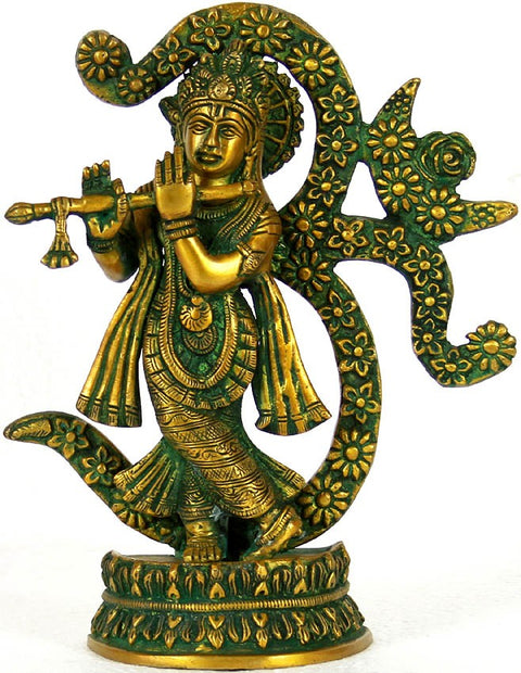 8" Brass Fluting Krishna Statue Against the Backdrop of Om | Handmade | Made in India