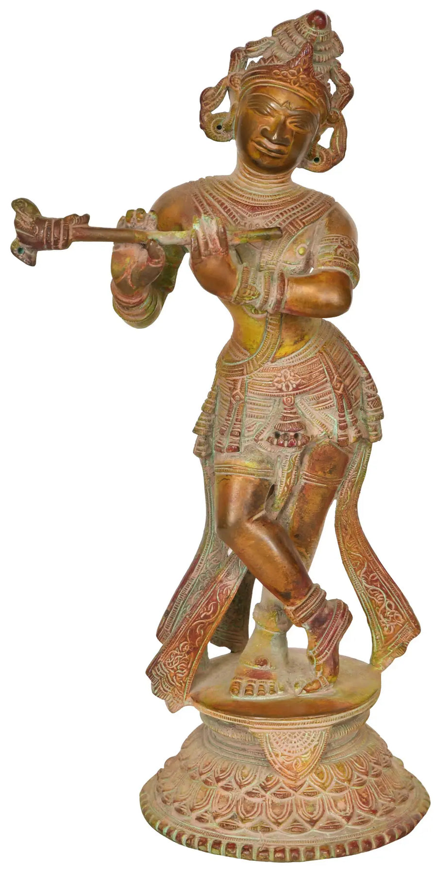 10" Krishna with Braided Hair Brass Statue Handmade