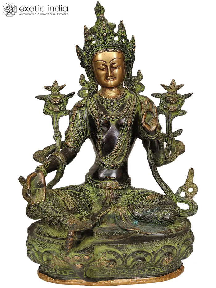 12" Green Tara Brass Idol Seated on Lotus Handmade