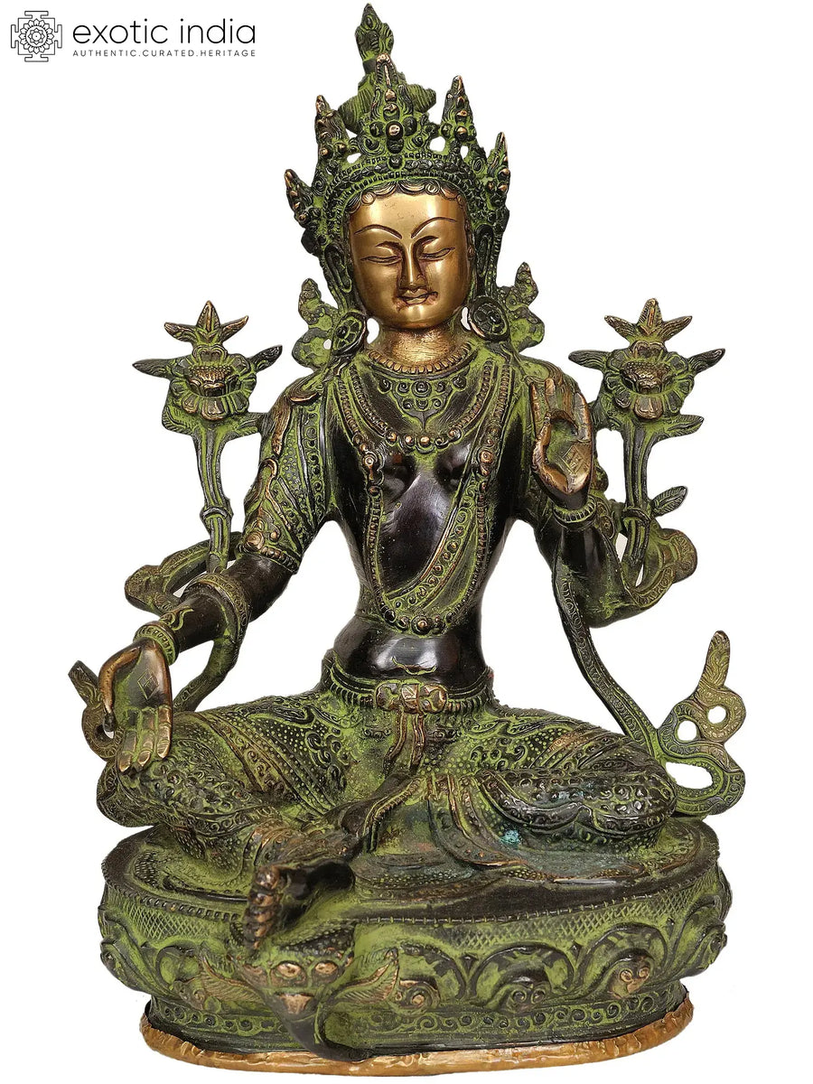 12" Green Tara Brass Idol Seated on Lotus Handmade
