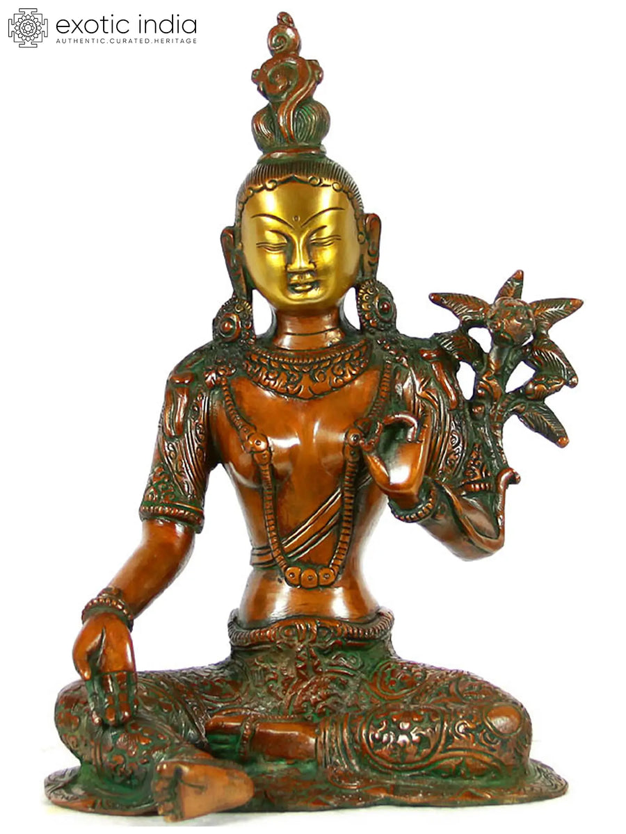 10" Seated Green Tara Brass Statue with Crown and Karnaphool