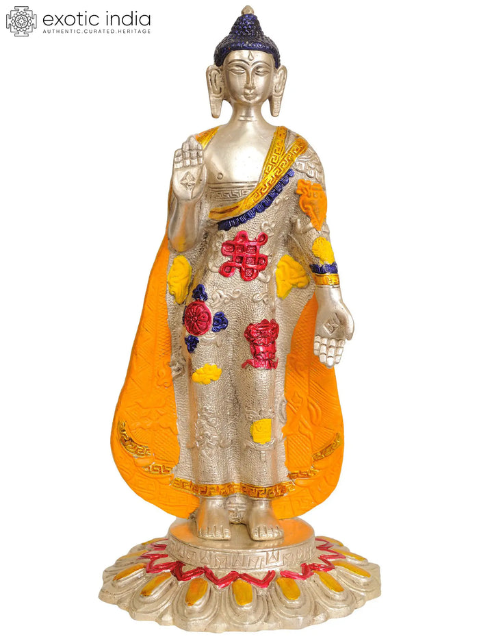11" Standing Buddha Abhay Mudra Brass Statue Handmade