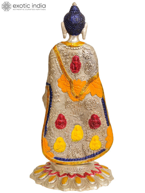 11" Standing Buddha, His Hands In Abhay Mudra, Auspicious Motifs On His Robes In Brass | Handmade | Made In India