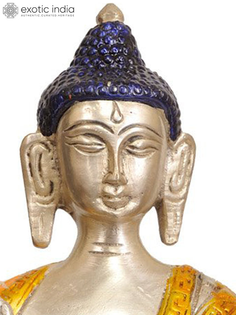 11" Standing Buddha, His Hands In Abhay Mudra, Auspicious Motifs On His Robes In Brass | Handmade | Made In India