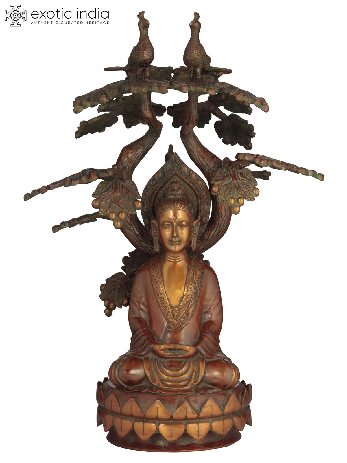 The Enlightened One, Seated Under The Symmetrically Sculpted Bodhi Tree In Brass | Handmade | Made In India