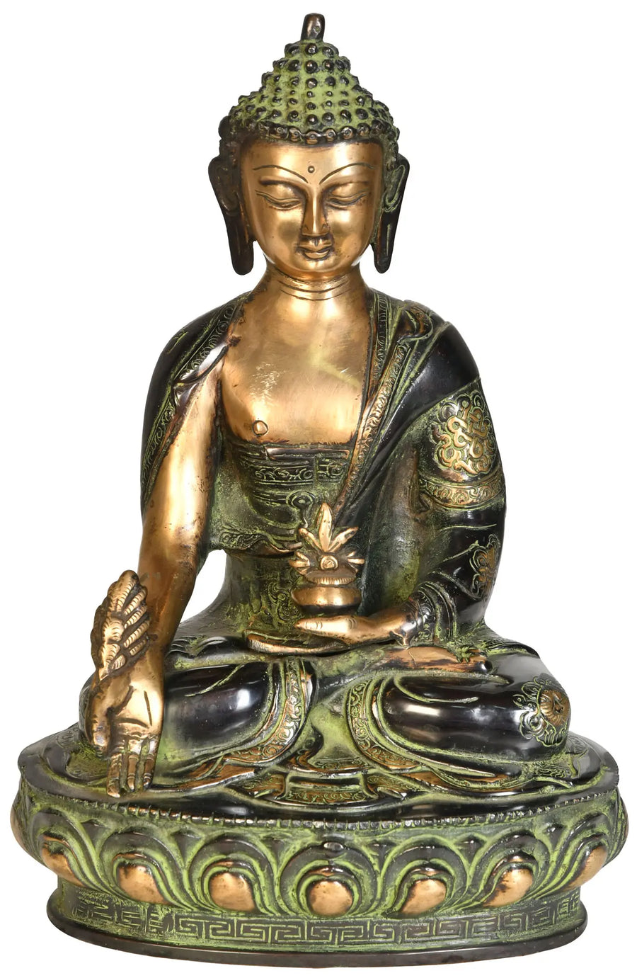 Bhaishajyaguru Brass Statue Seated on Lotus Pedestal with Embossed Robes