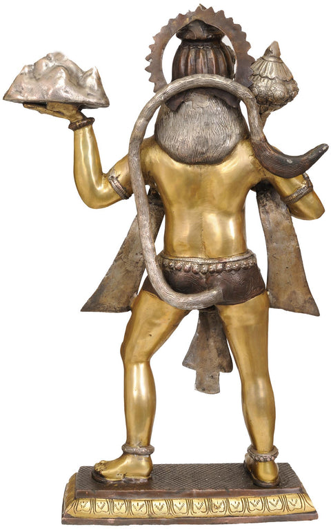 24" Mahabali Hanuman With The Goad In One Hand, Mount Dron In The Other In Brass | Handmade | Made In India