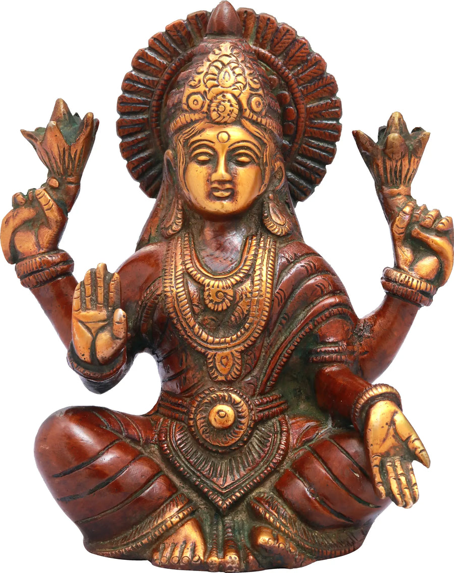 6" Seated Lakshmi Brass Idol with Halo Handmade