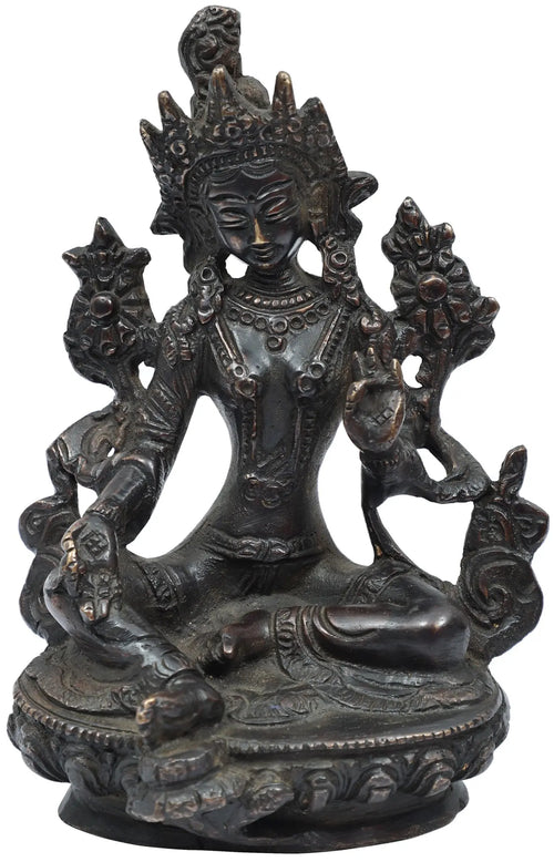 6" Green Tara Brass Statue with Elaborate Crown - Handmade