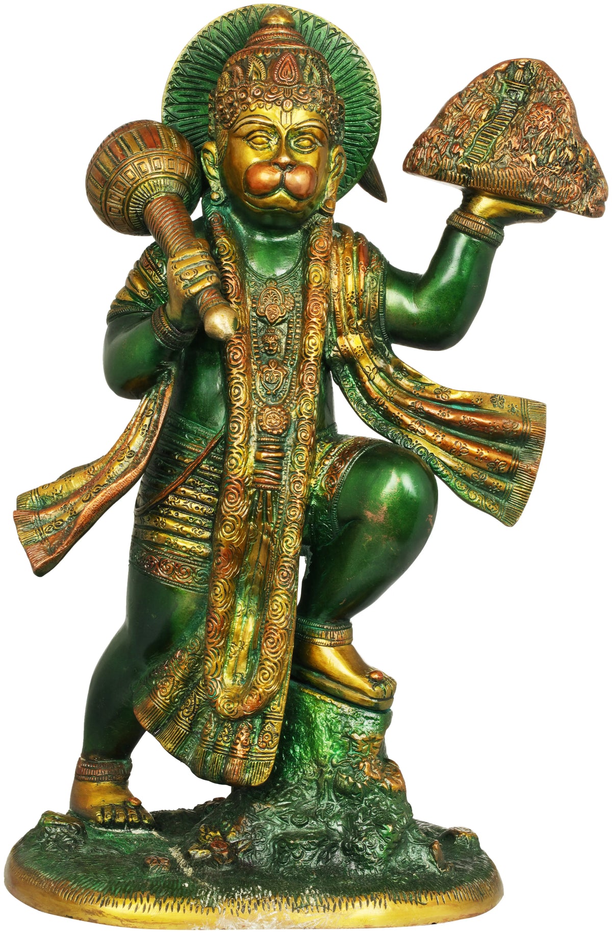 15" The Determined Hanuman, Having Lifted The Might Mount Dron In Brass | Handmade | Made In India