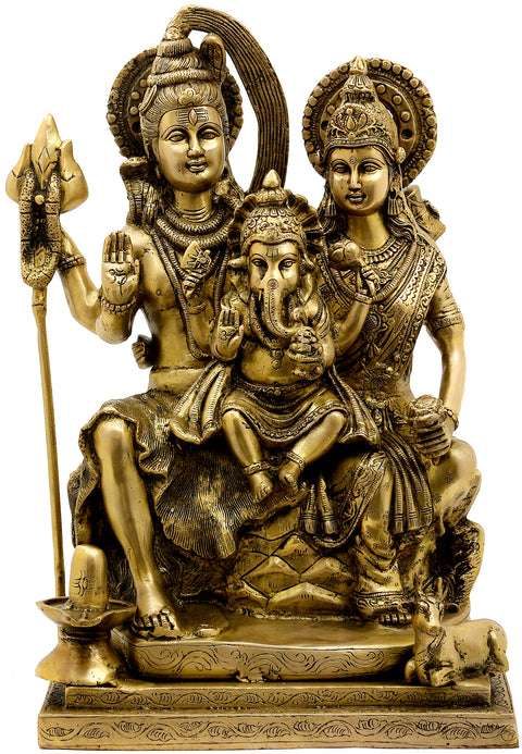 17" Shiva Seated with Parvati Brass Statue, Ganesha on Their Lap | Handmade | Made in India