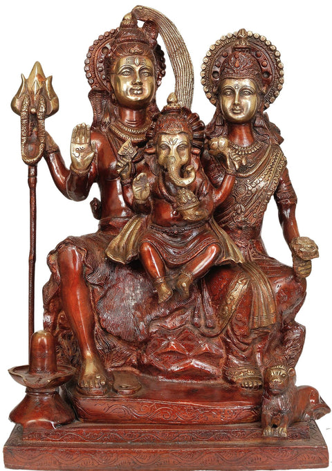 17" Shiva Seated with Parvati Brass Statue, Ganesha on Their Lap | Handmade | Made in India
