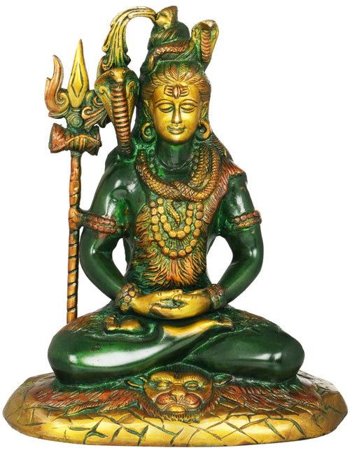 10" Mahayogi Shiva Brass Idol with Tigerskin Handmade Statue