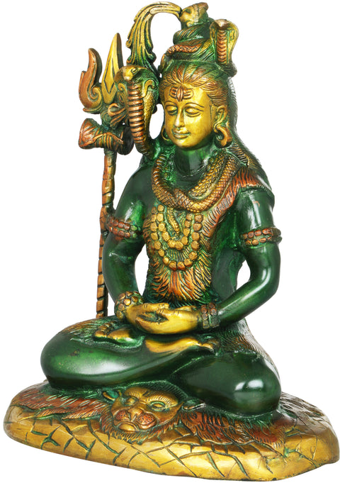 10" Mahayogi Shiva Brass Idol Seated on Tigerskin | Handmade Statue | Made in India
