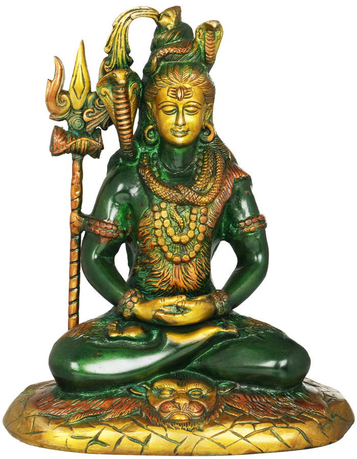 10" Mahayogi Shiva Brass Idol Seated on Tigerskin | Handmade Statue | Made in India