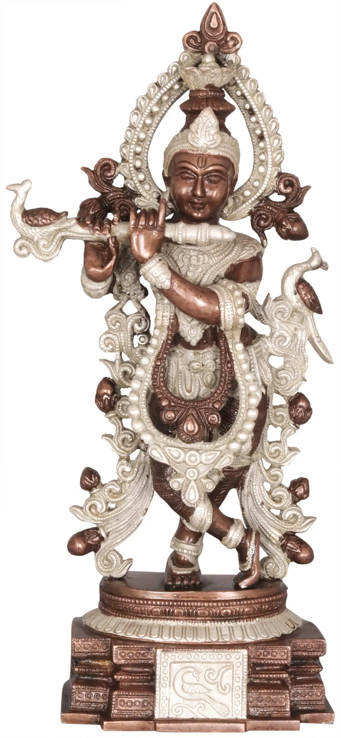 15" Krishna Playing Flute Brass Handmade Statue for Home Pooja