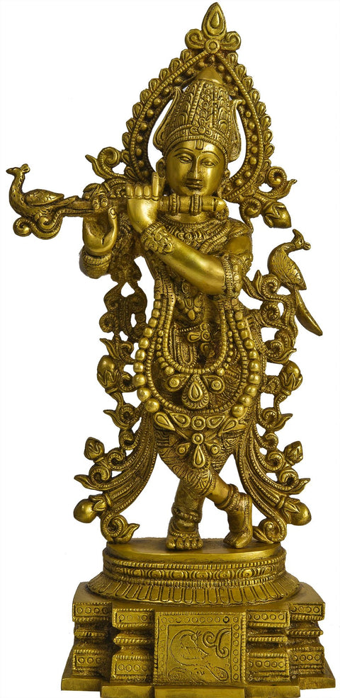 15" Krishna Playing On A Divine Flute In Brass | Handmade | Made In India