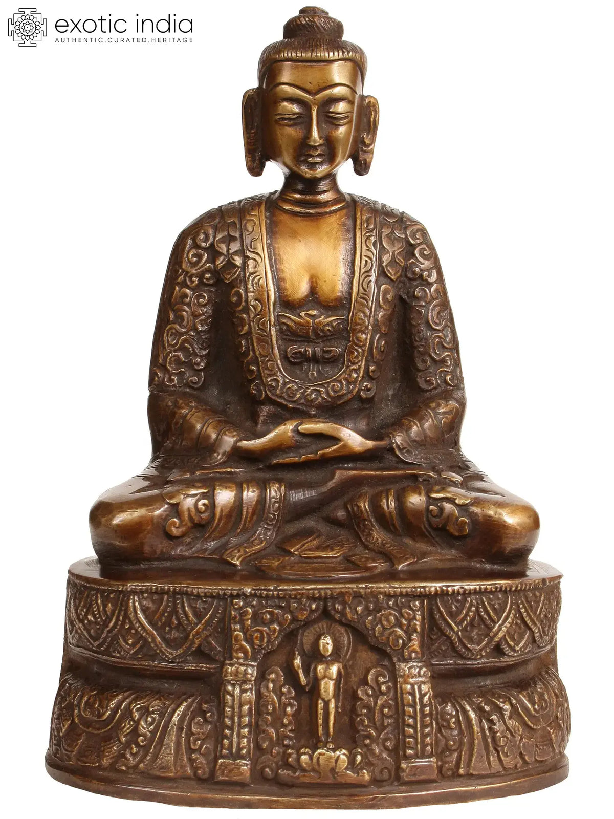7" Buddha Seated on High Pedestal with Haloed Figure | Handmade Brass Statue