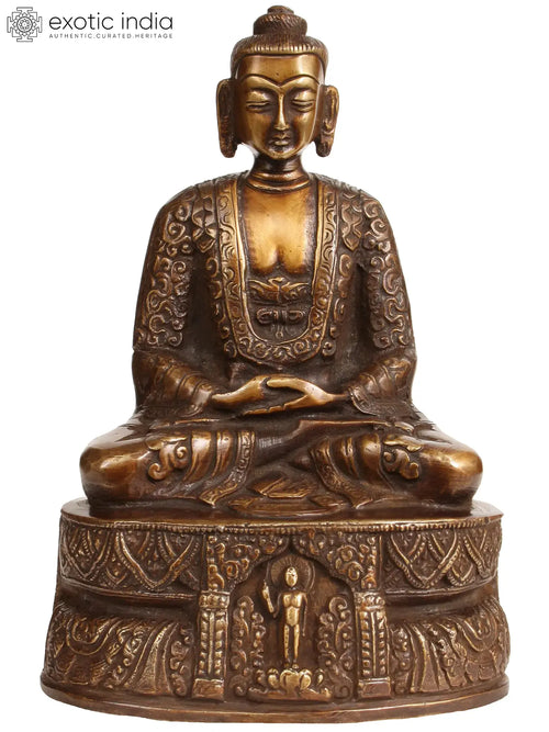 7" Handmade Buddha Seated on High Pedestal Brass Statue with Halo