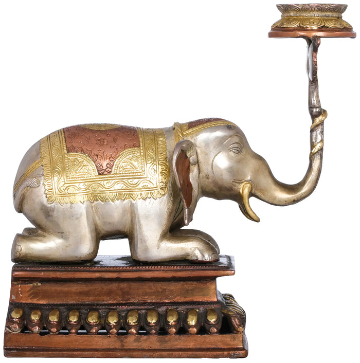 Brass Elephant Lifting Lotus Lamp Statue