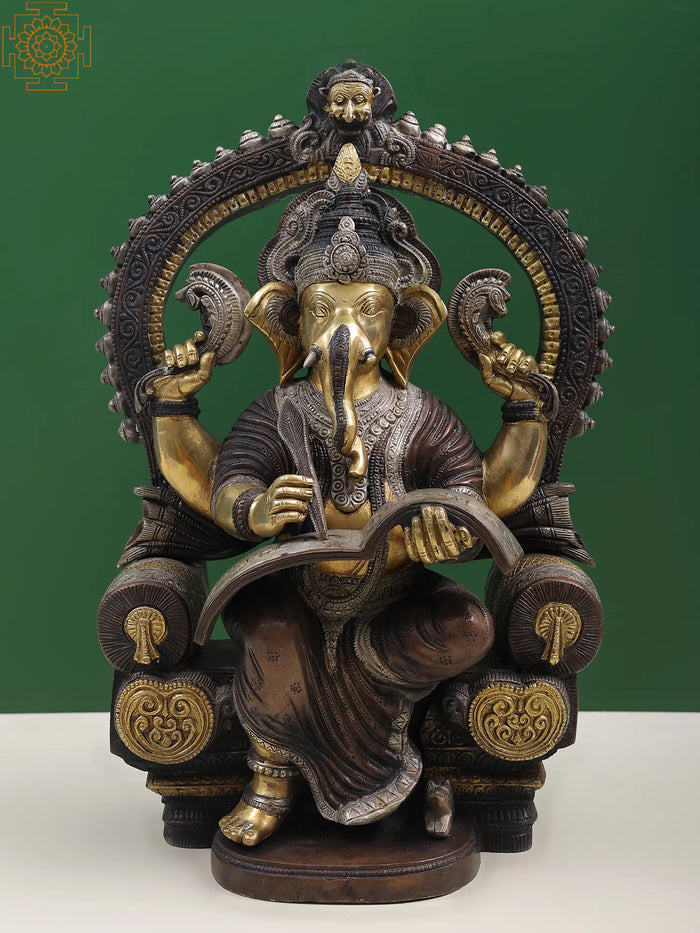 17" Handmade Ganesha On Royal Throne Brass Statue