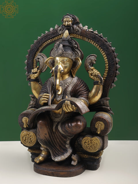 17" Royal Throne Ganesha Writing Om Namaha Shivaya In Brass | Handmade | Made In India