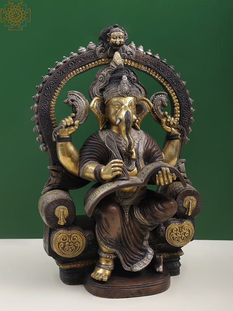 17" Royal Throne Ganesha Writing Om Namaha Shivaya In Brass | Handmade | Made In India