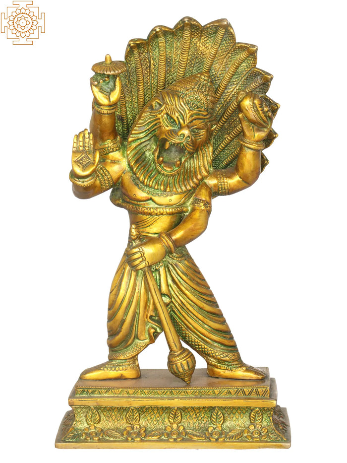 11" Narasimha Avatar Brass Statue - Handmade Lord Vishnu Idol