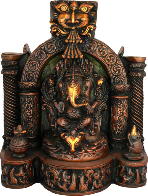10" Handmade Lambodara Ganapati Brass Idol with Vedika