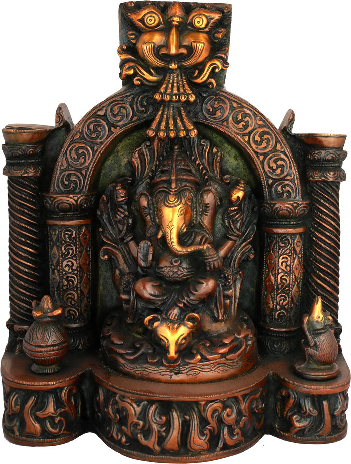 10" Handmade Lambodara Ganapati Brass Idol with Vedika